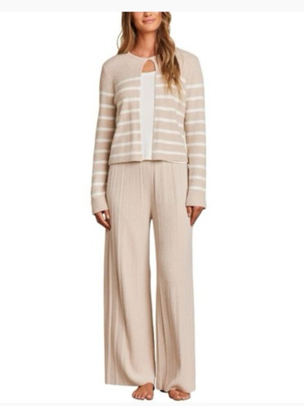 Barefoot Dreams Neutral Cream Striped Cardigan with Button